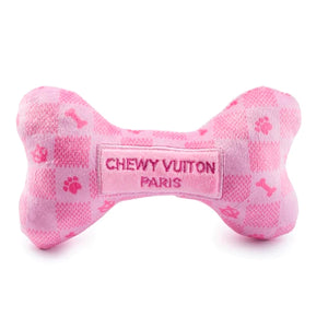 Pink Checkered Chewy Vuiton Bone Dog Toy Small